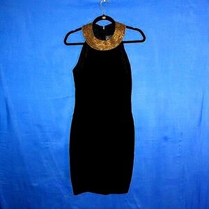 Vintage Alex Evenings Petite Black Velvet Dress - Gold Beaded Collar - Made in U